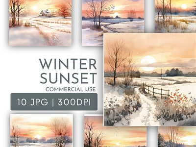 Winter Sunset Scenes Watercolour Clipart JPG 3d animation graphic design motion graphics