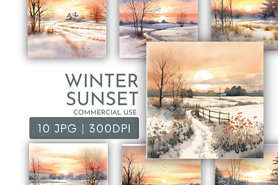 Winter Sunset Scenes Watercolour Clipart JPG 3d animation graphic design motion graphics