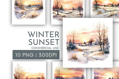 Winter Sunset Scenes Watercolour Clipart PNG 3d animation graphic design logo motion graphics ui