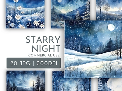 Starry Night Scenes Watercolour Clipart JPG 3d animation graphic design logo motion graphics