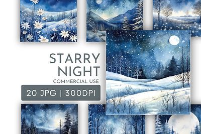 Starry Night Scenes Watercolour Clipart JPG 3d animation graphic design logo motion graphics