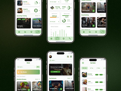 Fitness & Workout Tracker - Mobile Application application dark green design diet fitness fitness app fitness tracker gradient green iphone meal mobile mobile app mockup program recipe tracker ui ux workout