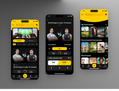 Live Bets Mobile App 🏋🏼 add new communities dashboards filter food games home live bets notifications past players popular prediction recommended usa votes vs wagered win