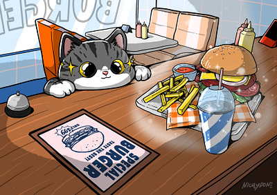 Just Dream It! burger cafe cartoon cat character cover book design graphic design illustration