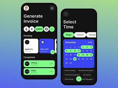 InvoiceGen - Fintech Mobile App app design app ui app ux contractor design freelancer invoice creation invoice generator invoice management invoicing mobile mobile app mobile ui mobile ux payment tracking project billing ui ui design ux ux design