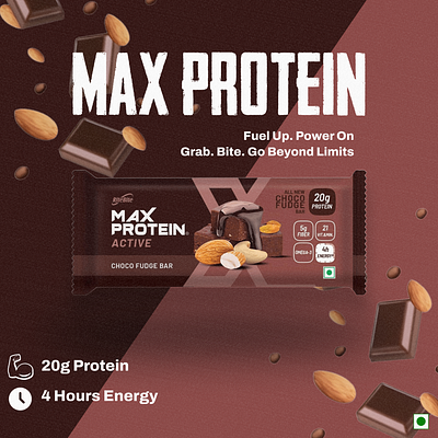 Max Protein Choco Fudge Bar branding creativecomposition foodphotography foodvisuals graphic design max protein packagingdesign productdesign proteinbar visualdesign