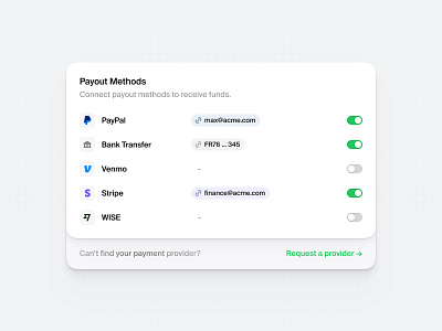 Payout Methods Settings Card card finance payment payout paypal settings stripe toggle ui user interface widget wise