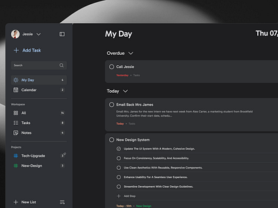 Task / Notes Organizer | App app application calendar clean dark mode dashboard design management modern notes organize sidebar simple task task management ui uiux ux web app website