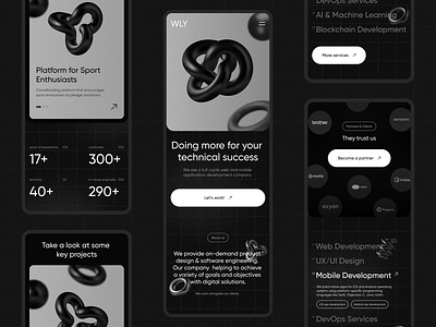 WLY. Design for development company. Mobile 3d agency black background creative design digital agency graphics illustration inspiration interface landing marketing mobile mobile version modern phone ui ux webdesign website