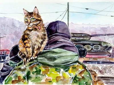 Original watercolor Ukrainian painting, Cat and Soldier, Art War art cat cats hand painted handmade paint painting people soldier ukraine ukrainian war