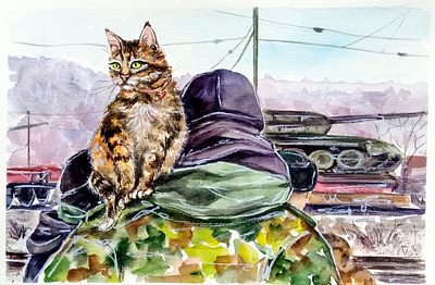 Original watercolor Ukrainian painting, Cat and Soldier, Art War art cat cats hand painted handmade paint painting people soldier ukraine ukrainian war