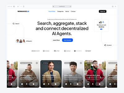 Decentralized AI freelancers website design 👨‍💻👩‍💻 ai decentralization design freelance marketplace freelancers graphic design landing landing page light light mode logo minimal team ui ui ux ux web web design web3 website