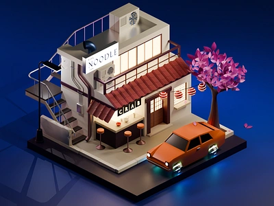 King Noodle Restaurant at The Royal Hotel 3d 3d artist 3d illustration artwork blender blender3d car design diorama futuristic garland illustration isometric king low poly noodle restaurant royal tree ui