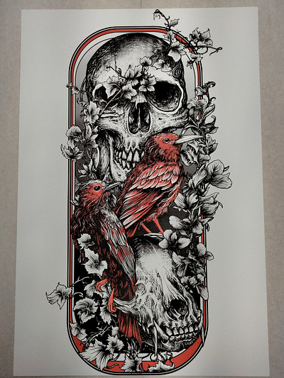 Two color screen print birds dark art occult print skull