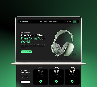 Landing Page for Headphones 003 black dailyui design figma graphic design green headphones landingpage logo minimaldesign moderndesign ui uidesign uiux userexperience userinterface ux visualdesign webdesign
