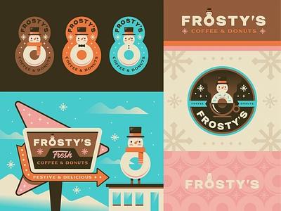 Frosty's ☕️🍩 badge branding character chirstmas coffee donuts frosty holiday illustration logo retro snowman winter