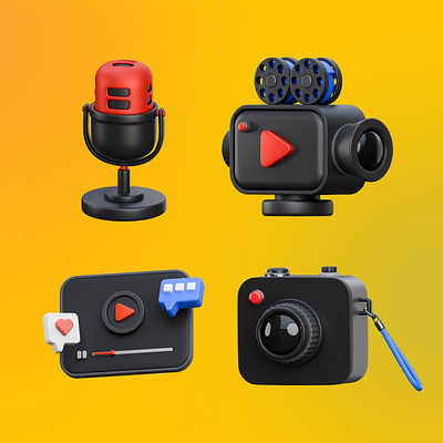 Cinema 3D Illustration Icons 3d 3dmodeling blender 3d camera icon icons illustration isometric low poly microphone player projector ui