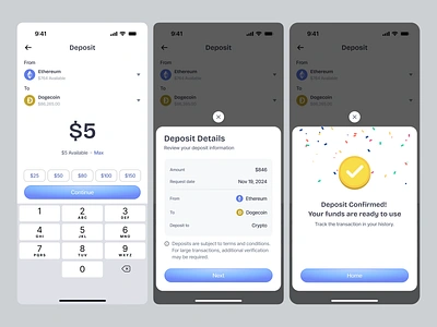 Crypto Mobile App UI/UX - Deposit Flow app blockchain buy crypto crypto app crypto banking crypto mobile app deposit eth ethereum fintech fintech app ios mobile app mobile app design product design transaction uiux wallet web3