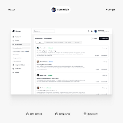 Discussion Forum UI for Online Learning dashboard design discission screen uiux
