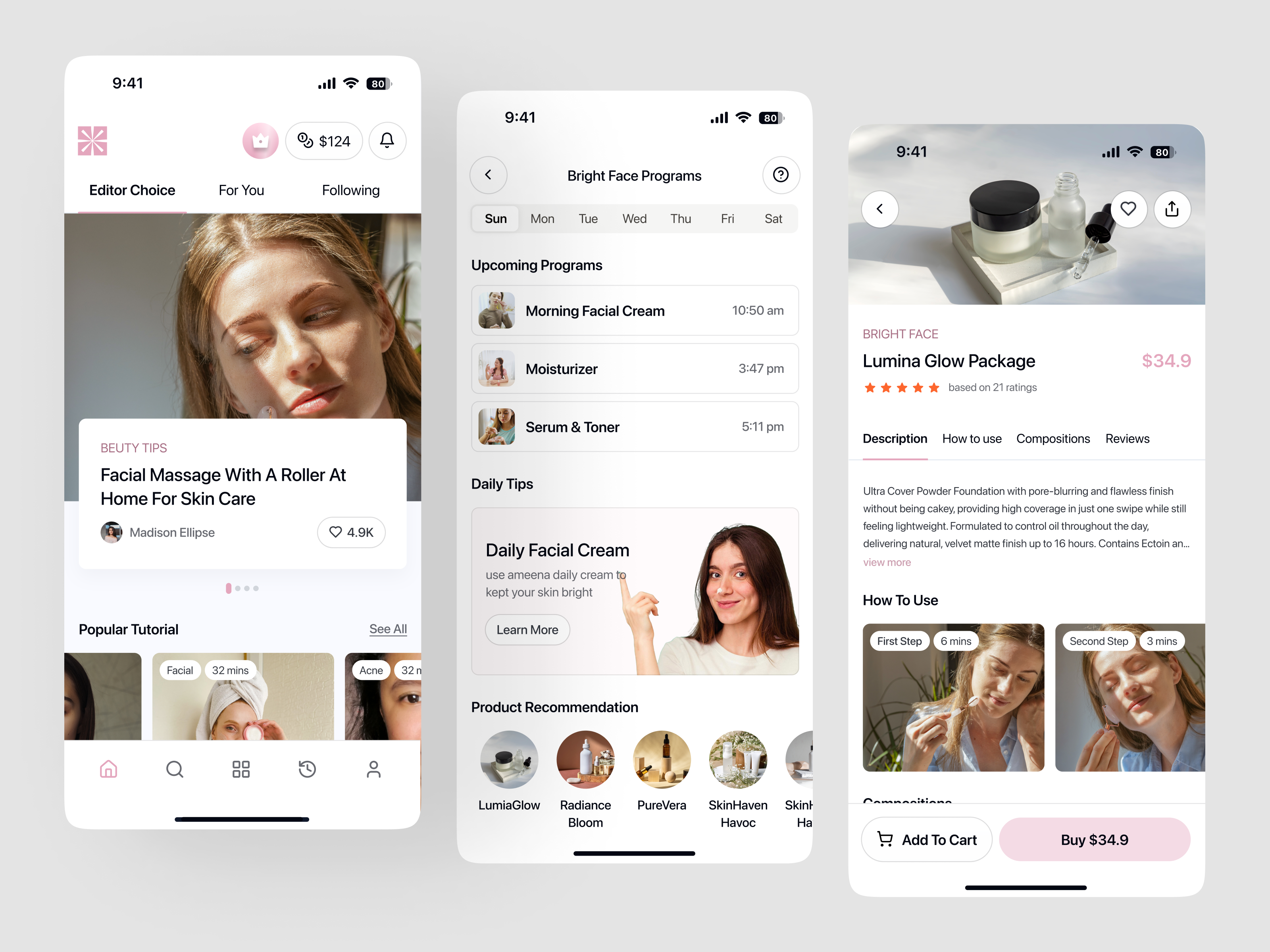 Ameena - Skincare Guide App app beauty blog cart clean ecommerce guide healthy light mode mobile modern moisturizer product reminder shop skin skincare tutorial uiux wellness