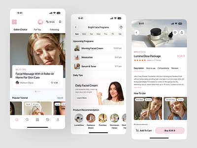 Ameena - Skincare Guide App app beauty blog cart clean ecommerce guide healthy light mode mobile modern moisturizer product reminder shop skin skincare tutorial uiux wellness