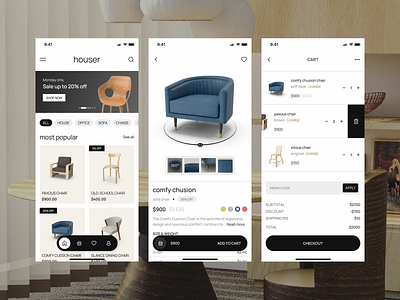 houser Furniture - Mobile App Design application chair chairwebsite e commerce elegan figma furniture minimalist design mobile app mobilestore shopping store trending ui ui design uiux ux design website design