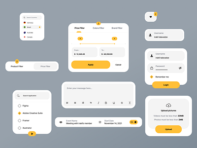 Component Design clean component components country favorites login price filter saas schedule search text messages trendy ui ui upload ux