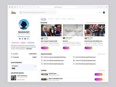 ERG Champs - User Profile Screen activity tracking business platform collaboration tools dashboard design event application event dashboard event management management application ui product design profile dashboard team collaboration team management ui ux design vendor vendor platform web application