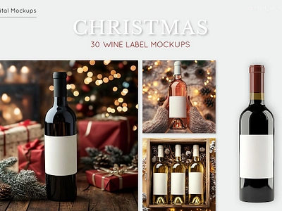 Christmas Wine Bottle Mockups Set alcohol bottle branding christmas mockup christmas scene holiday scene mockups bundle mockups set ui wine bottle mockup wine label mockup wine packaging