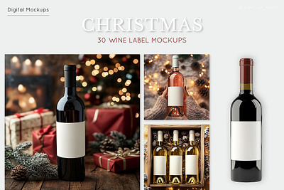 Christmas Wine Bottle Mockups Set alcohol bottle branding christmas mockup christmas scene holiday scene mockups bundle mockups set ui wine bottle mockup wine label mockup wine packaging