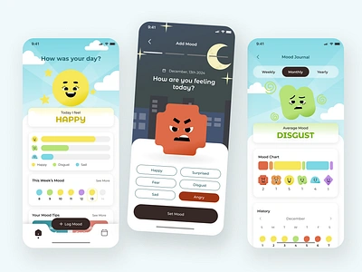 Mood Tracker Mobile App design illustration interaction design journaling mental health mobile mood tracker ui ux wellbeing