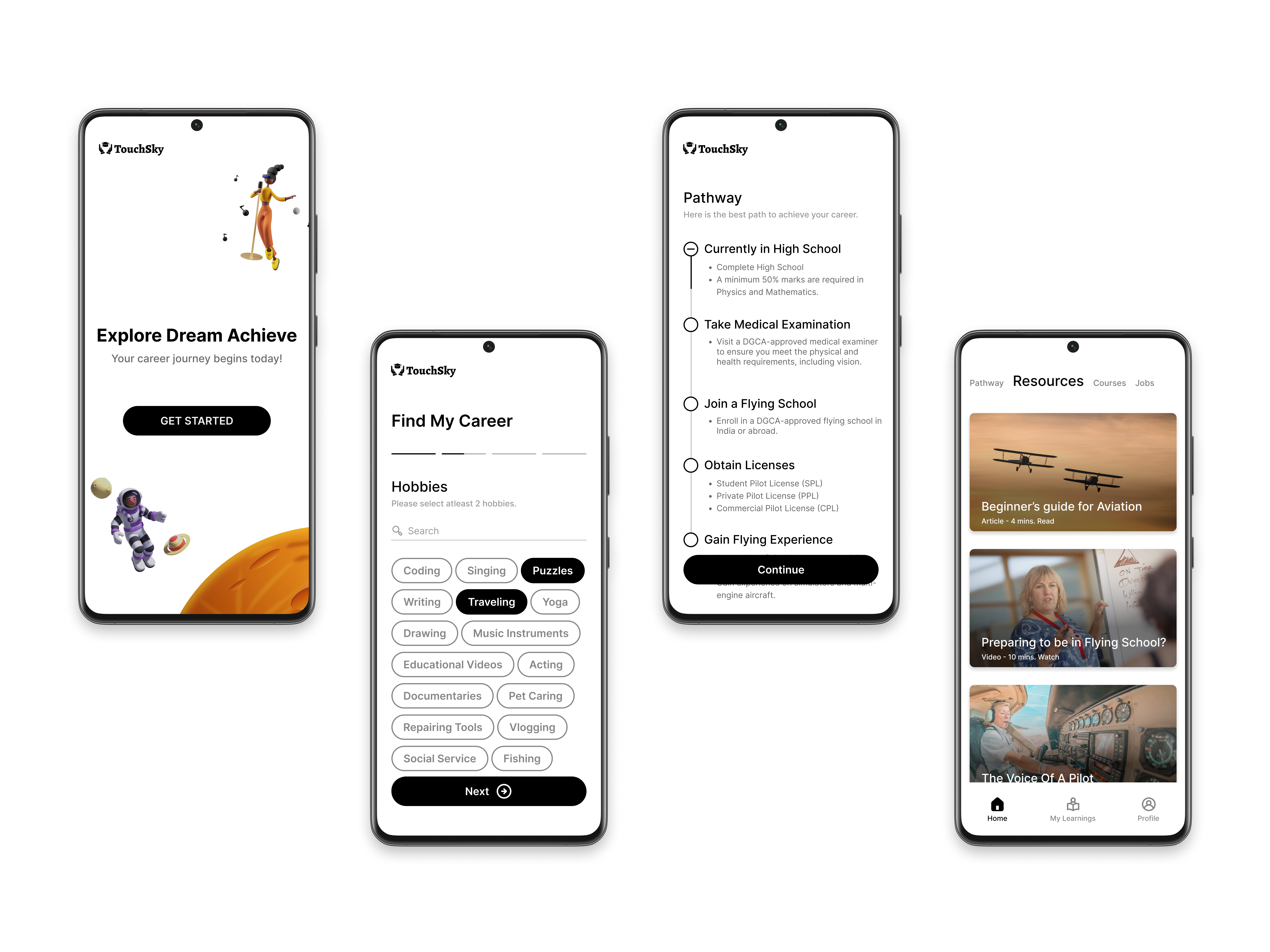 TouchSky - A Career Guidance App career career app latest design mobile app mobile app design modern pathway prototyping resources ui design user flow user flow mapping user intervew user journey user journey mapping user persona user research ux design wireframing