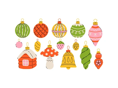 Christmas toys set baubles cartoon christmas collection concept design flat glass illustration toy vector winter xmas