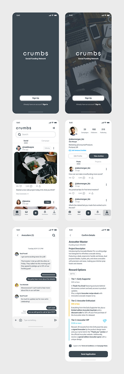 Crumb$ Mobile App figma funding ios mobile app mobile app design network social ui ui design uxui design