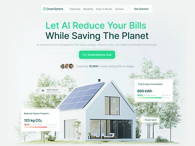 GreenSphere: Landing Page ai application artificial intelligence eco eco friendly electricity energy framer framer website green internet of things landing page saas smart home smart home technology solar energy sustainability technology ui user interface