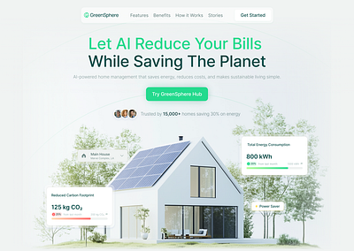 GreenSphere: Landing Page ai application artificial intelligence eco eco friendly electricity energy framer framer website green internet of things landing page saas smart home smart home technology solar energy sustainability technology ui user interface