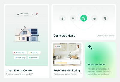 GreenSphere: User Interface ai artificial intelligence bento bento cards bento ui eco electricity features section framer framer website home management landing page smart home solar sustainability technology ui user interface website