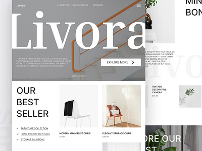 Livora — Modern Furniture Web Design clean cleandesign cleanui design dribbbleshots e commerce furniture furnitureui landingpage minimalist minimalistdesign minimalistui modern ui uiuxdesign webdesign