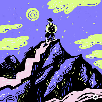 Path to the Summit: A Journey to New Heights adventure backpack bird character cloud digital drawing hiking hill illustration landscape mountain nature outdoor rock scenery sketch sky trail travel