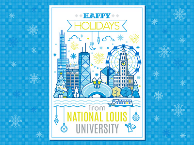 Chicago Christmas postcard card chicago christmas city cityscape flat design holiday illustration landmarks line art new year postcard skyline snowy travel university winter