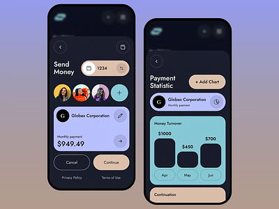 Finance Management Mobile App account balance app interface balance manager budget tracker dark mode ui expense overview finance finance app financial insights mobile banking mobile wallet modern app design money management money turnover monthly statistics payment ui send money transaction history transaction tracker user friendly design