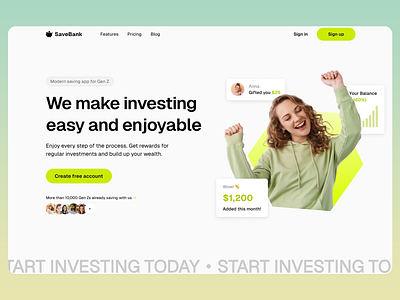 Gen-Z Investing Platform easy enjoyable financial empowerment financial future gen z innovation interactive tools investing investment investment options landing page landscape portfolio socially conscious generation tailored resources tech savvy ui user friendly interface ux values transparency