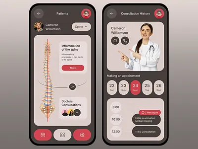 Modern Health Care App Design appointment scheduler clean interface doctor consultation health health app health metrics healthcare healthcare technology healthcare ui heart rate monitor medical medical app medical statistics mobile uiux patient records red and neutral colors spine care design spine diagnostics user friendly design wellness app