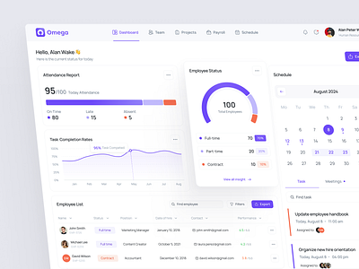 Omega - HR Management Dashboard admin dashboard analytics attendance b2b career charts dailyui dashboard design data visual employee management hr dashboard human resource job board people management product design saas startup task management ui ui design