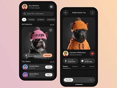 NFT - App Design app buy community confidence creative digital assets digital ownership dog intuitive ui investment nft nft app sell showcasing artwork social features style trade transparency ui vibrant