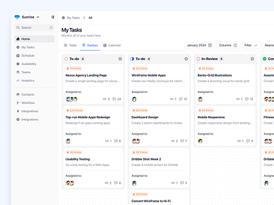 Sunrise - Dashboard Task Management activity card clean comments dashboard design kanban minimalist product design subtasks task list task management dashboard ui uiux ux view