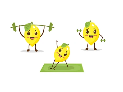 Cartoon cute lemon character doing sport exercises. art branding cartoon decoration design doing sport food fresh fun graphic design icon illustration juce lemon modern poster print trend ui yoga