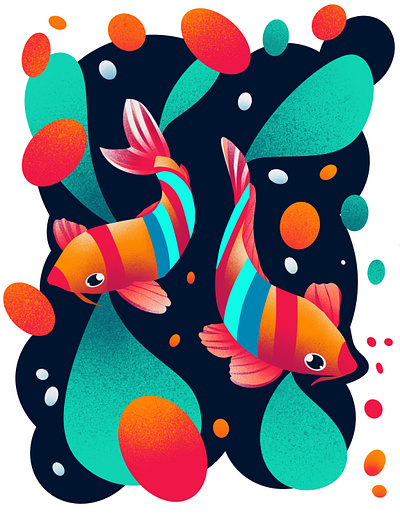 Fish Illustration #4 companionship cute green red under water