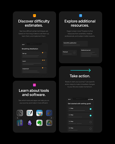 Learning Platform Components bento cards dark theme learning platform ui