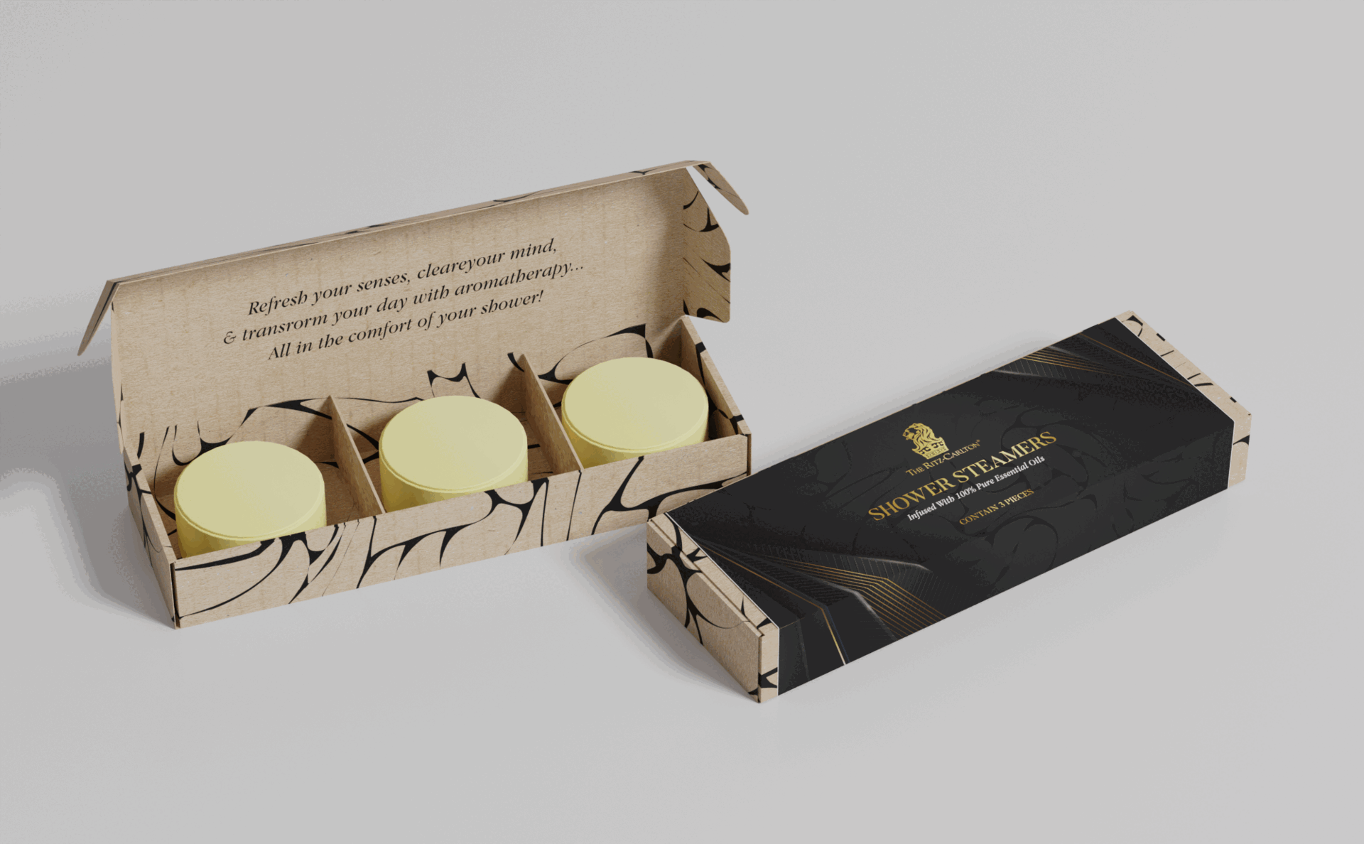 THE RITZ CARLTON | Shower Steamers 3d 3d mockup amazon product animation box box design branding design graphic design illustration label design listing logo motion graphics packaging packaging design packaging mockup product packaging render ui